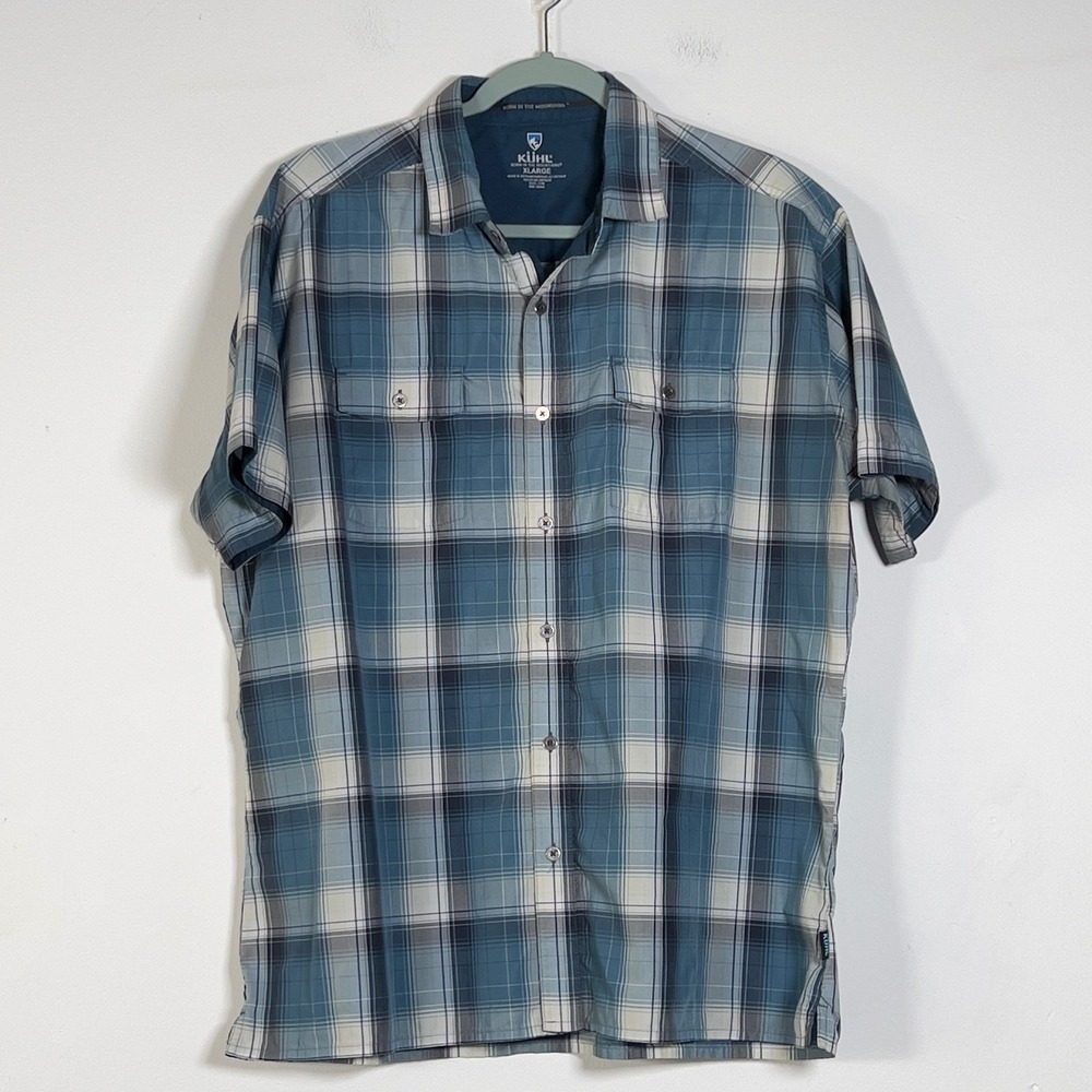Kuhl Mens XL Blue Plaid Short Sleeve Button Down Performance Shirt RN 108846